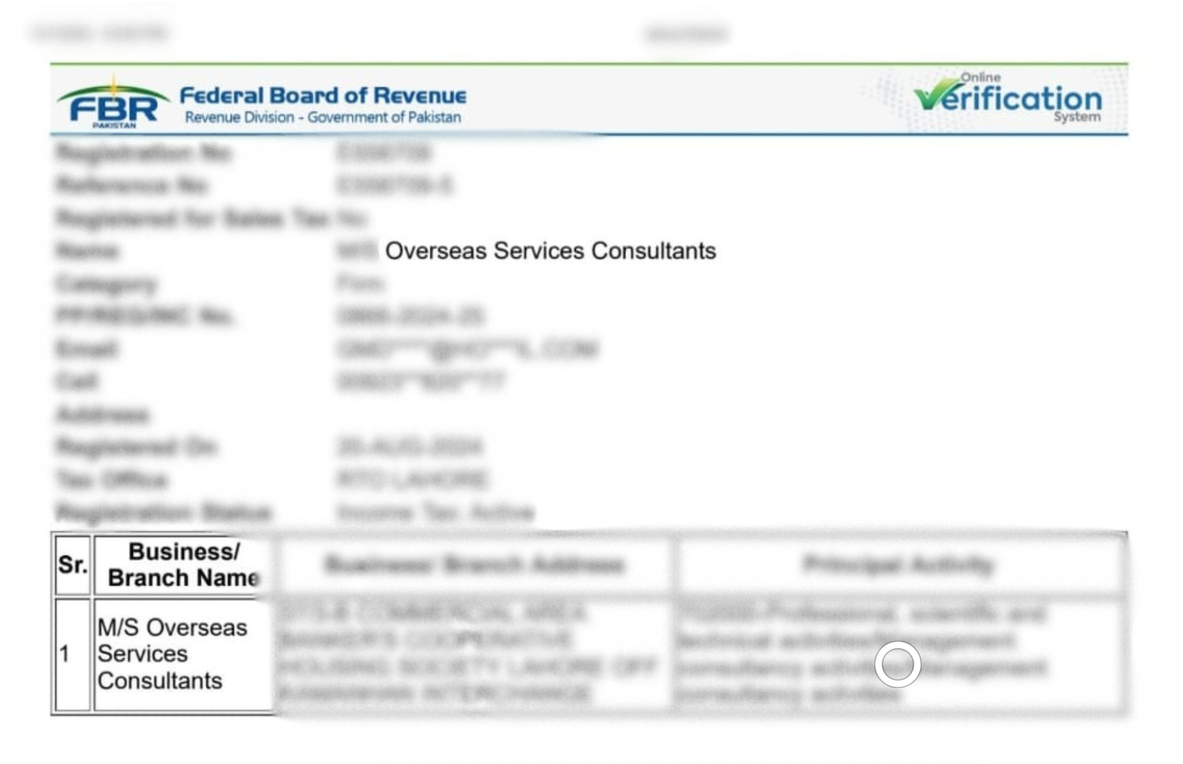 FBR Registration (Tax Certificate)